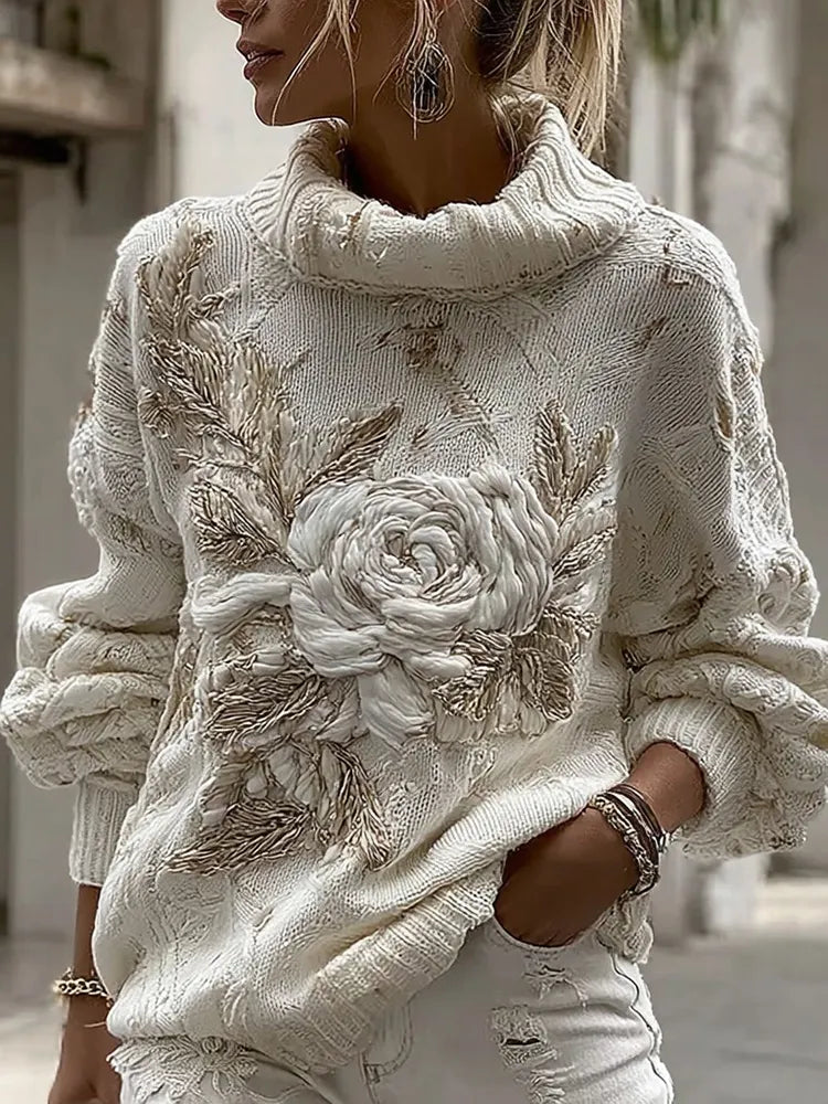 Women's Vintage White Rose Chunky Knit Turtleneck Sweater