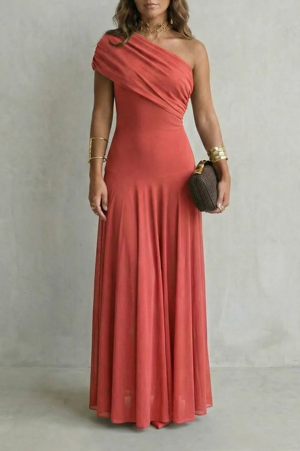 Elegant draped neckline – One shoulder maxi dress