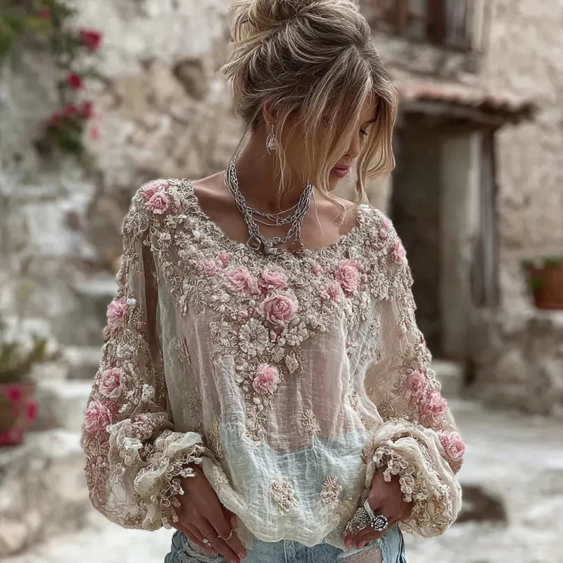 Women's Vintage Pink Flower Embroidery Art Round Neck Long Sleeve Linen Blend T-shirt