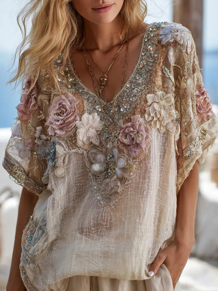 Bohemian Style Breast Cancer Awareness Pink Flower Silver Sequin Small V-neck Short-sleeved Shirt