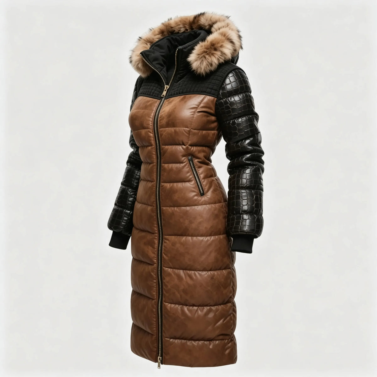 Vintage Women's Crocodile Embossed Leather Patchwork Waffle Texture Fabric Fur Collar Hooded Long Coat