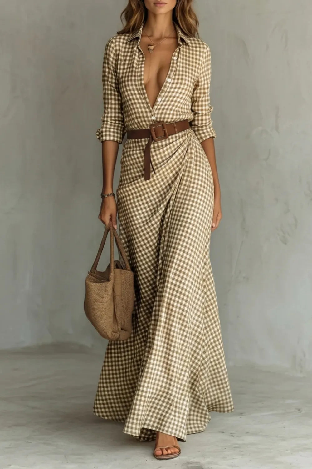 Elegant Pleated Belted Dress – Autumn Solid Color Long Shirt Dress