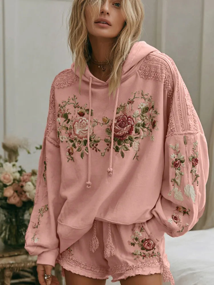 Women's Floral Embroidery Art Cozy Hooded Sweatshirt
