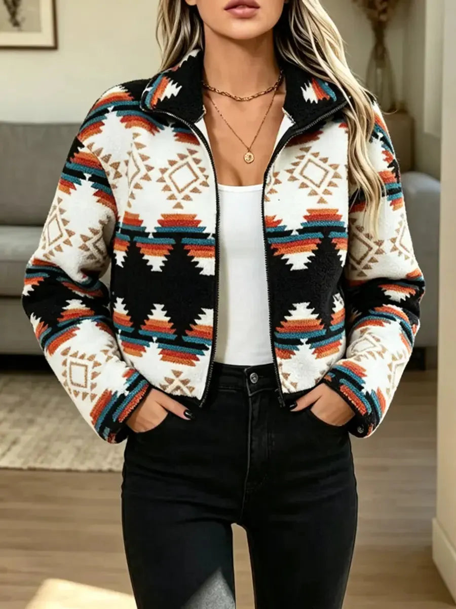 Retro Ethnic Pattern Art Casual Stylish Lapel Zip Long Sleeve Coat