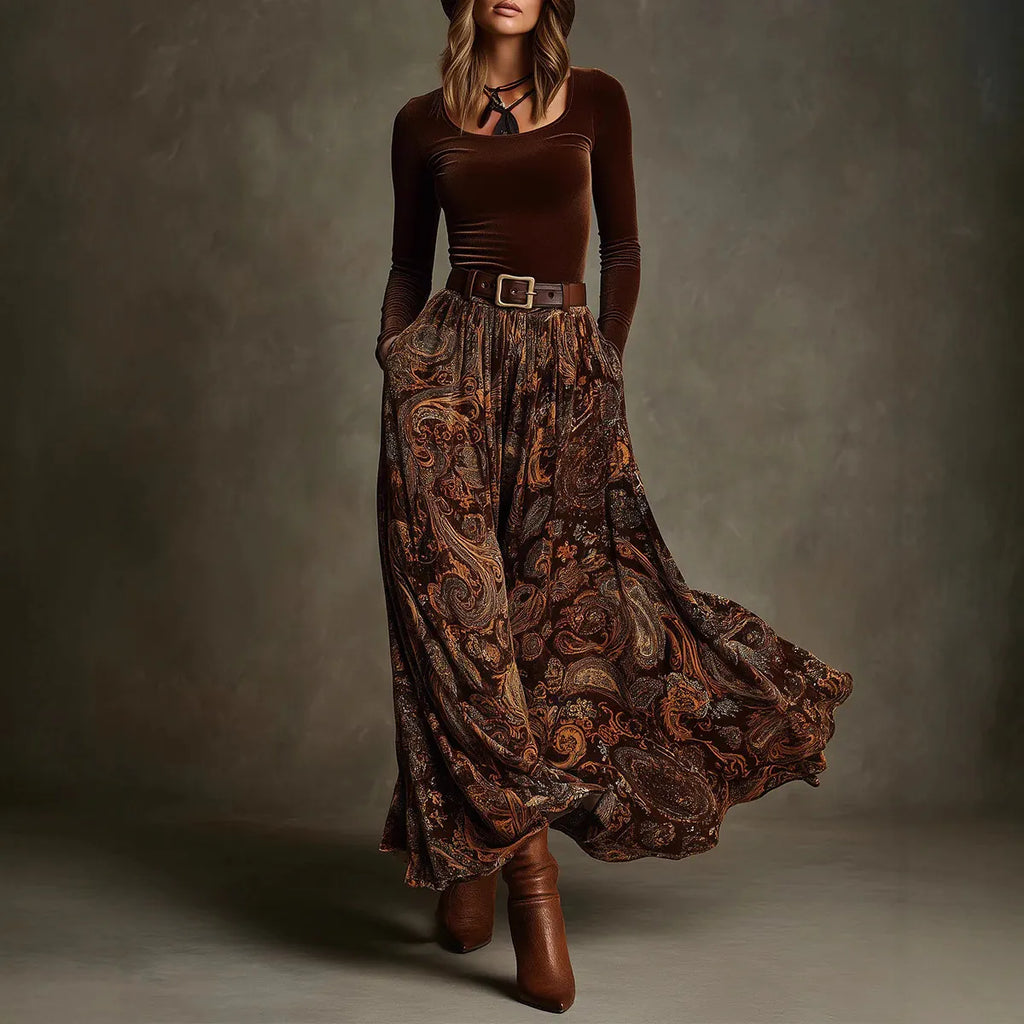 Fitted Top With Belted Waist Paired With A Full-skirted Retro Print Maxi Dress Set