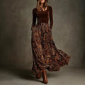 Fitted Top With Belted Waist Paired With A Full-skirted Retro Print Maxi Dress Set