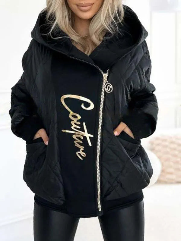 🔥Limited-time deal!😍Women's Hooded Zipper Stitching Contrast Color Letter Print Casual Cotton Coat