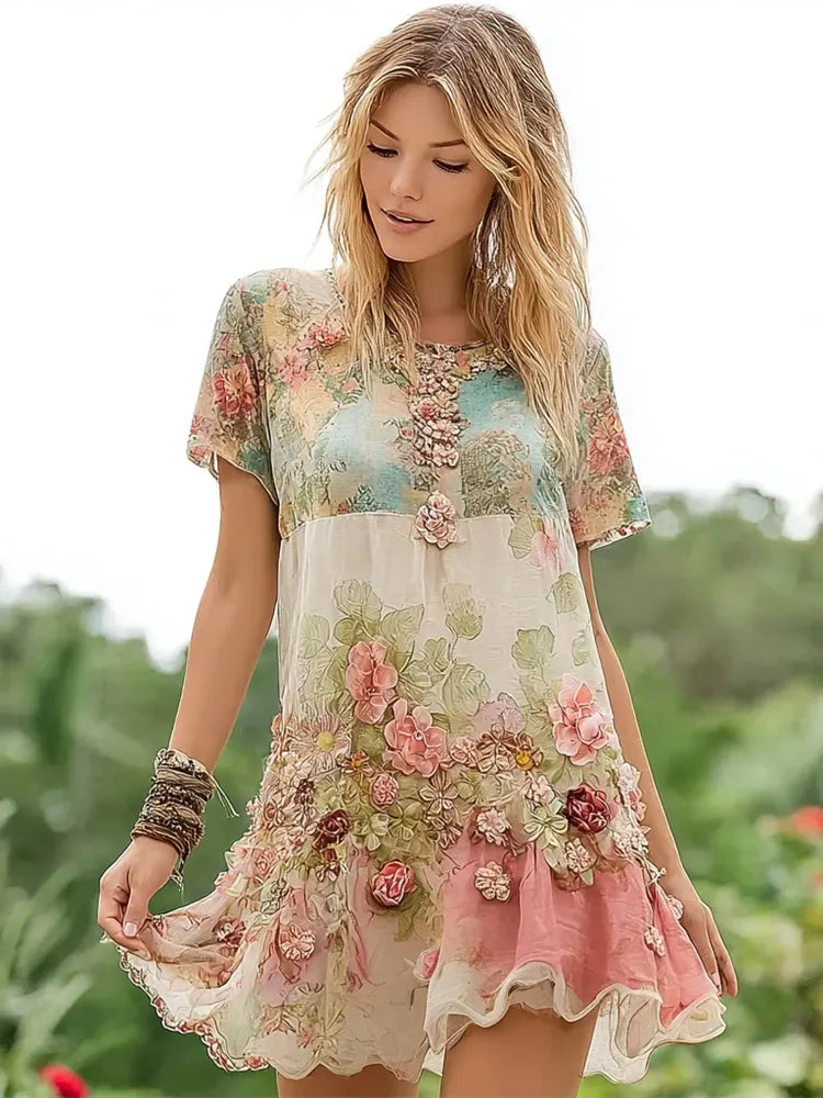 Vintage Boho Floral Women's Round Neck Short Sleeve Mini Dress