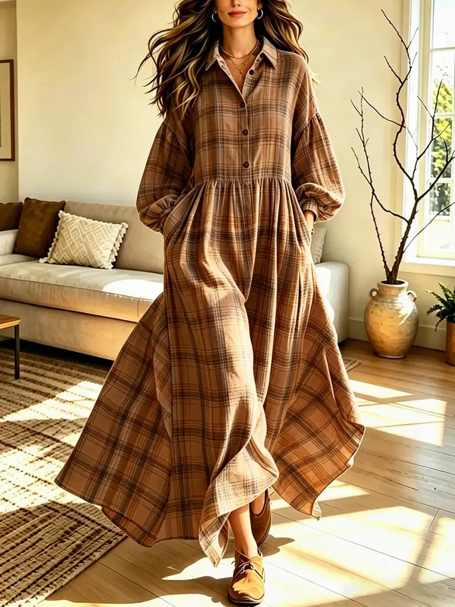 Retro Plaid Pattern Art Casual Stylish Long Sleeve Cotton Linen Maxi Dress