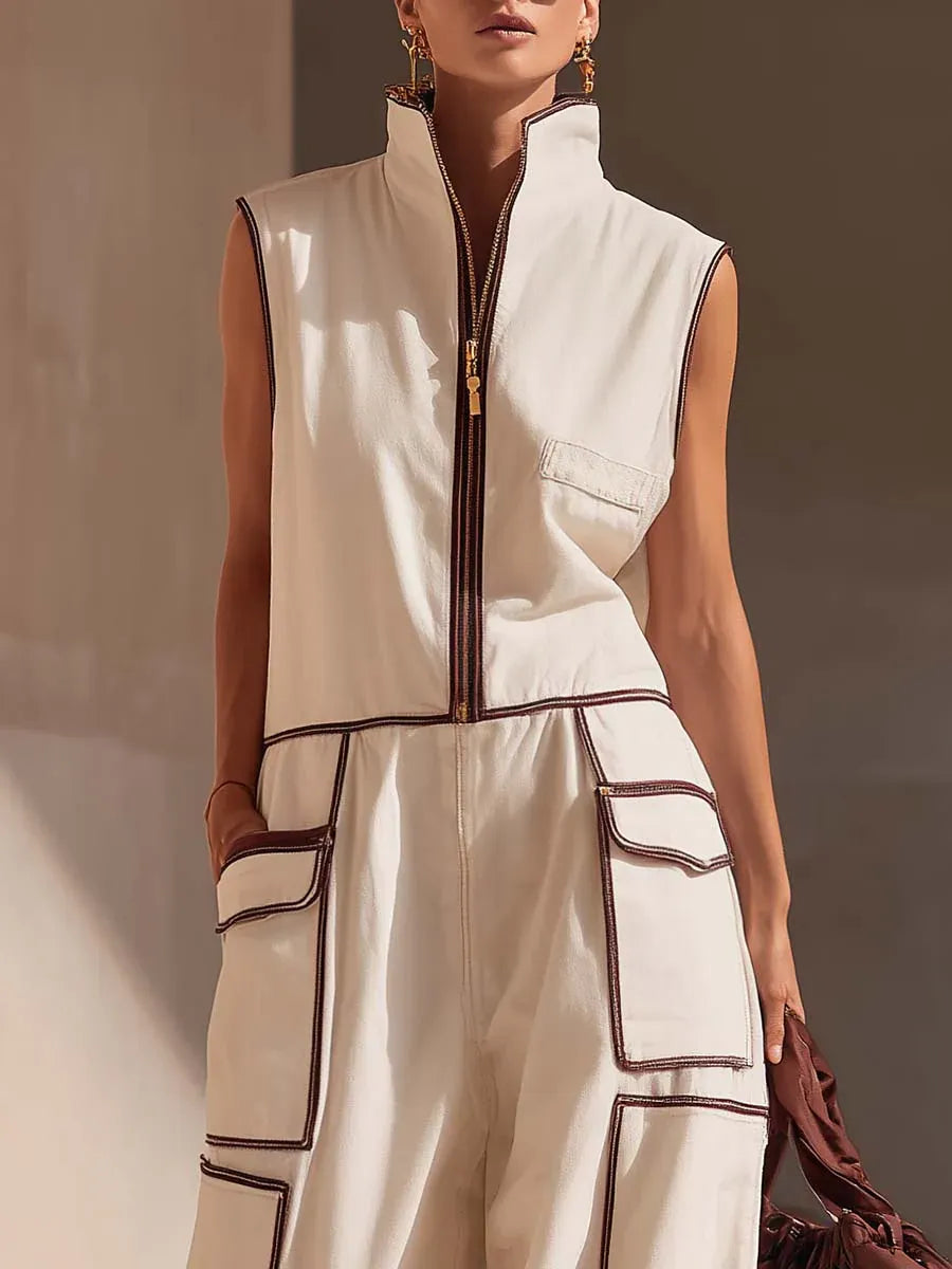 Casual Loose-fitting Color-blocked Workwear Jumpsuit