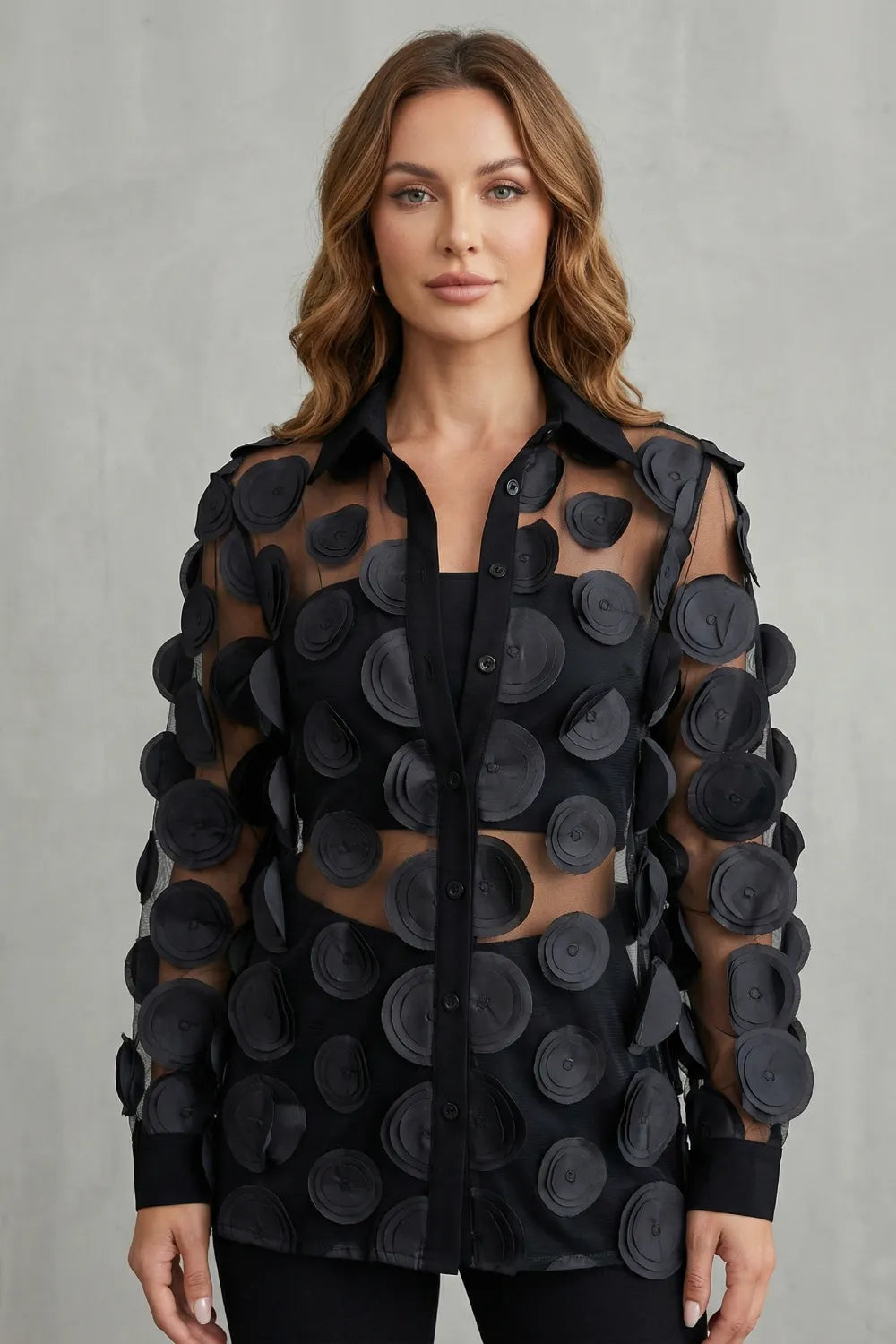 Sheer floral appliqué design – Mesh blouse