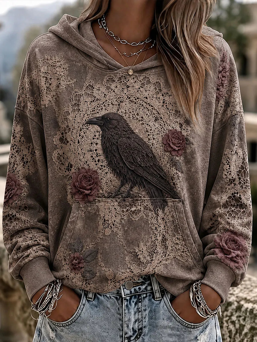 Women's Halloween Crow Art Print Casual Hoodie