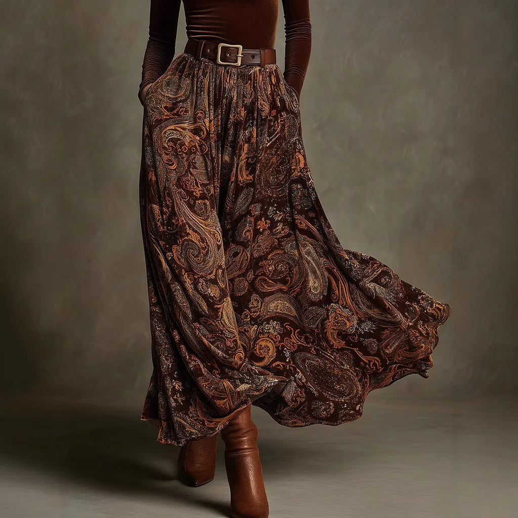Fitted Top With Belted Waist Paired With A Full-skirted Retro Print Maxi Dress Set