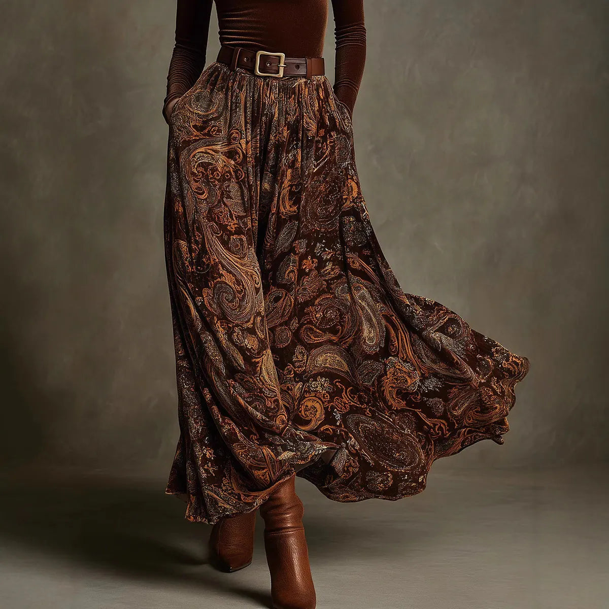 Fitted Top With Belted Waist Paired With A Full-skirted Retro Print Maxi Dress Set