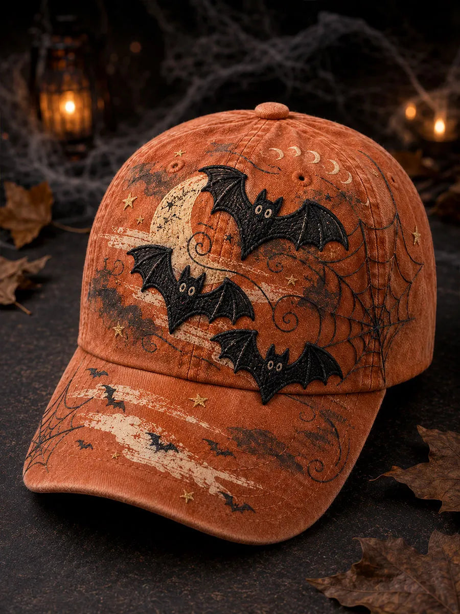 Vintage Orange Bat & Moonlight Halloween Baseball Cap