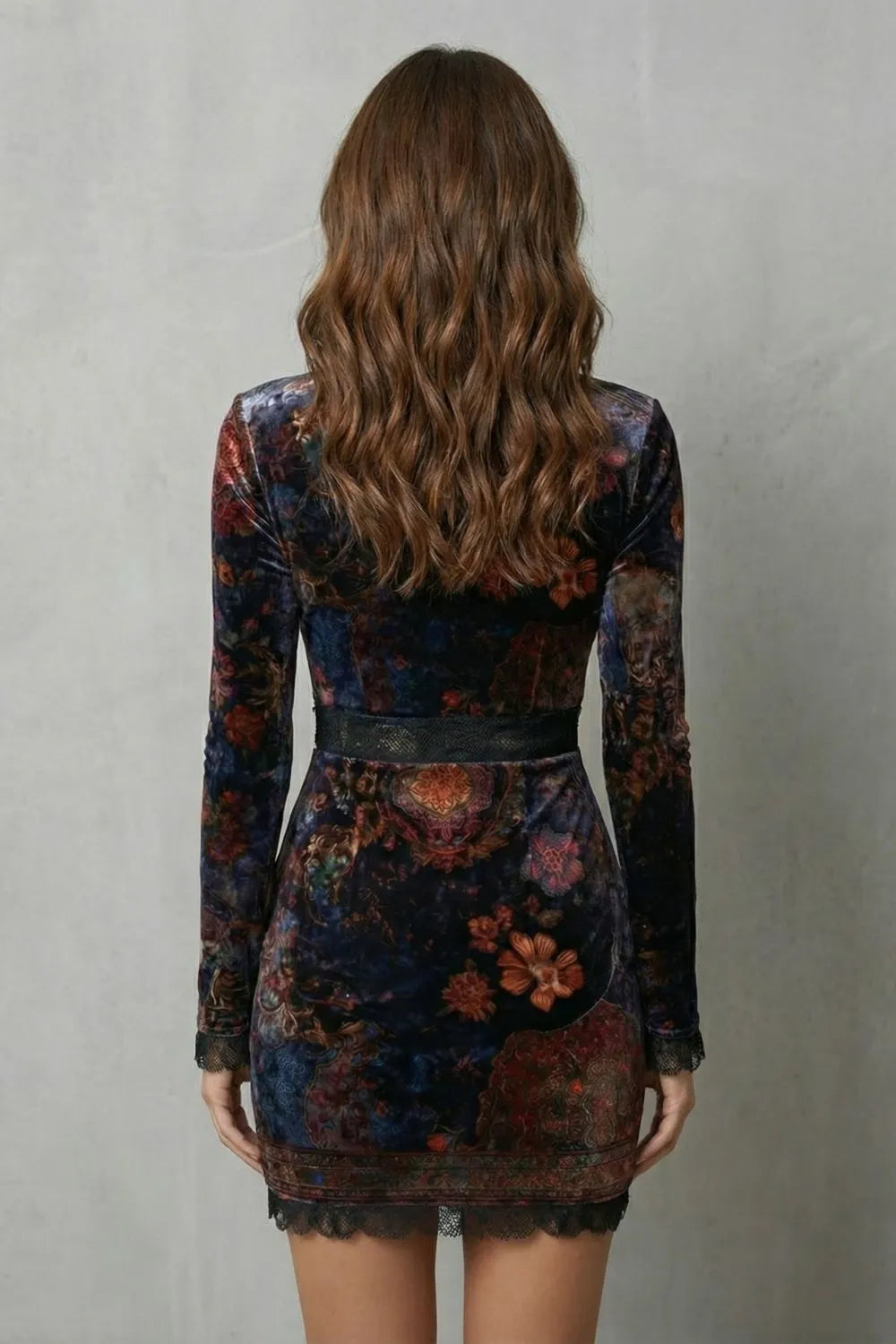 Baroque lace plunge – Velvet mini dress