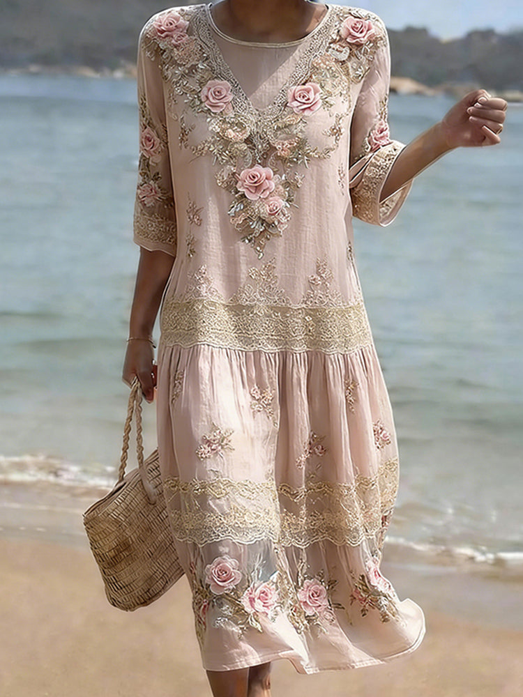 Women's Vintage Pink Flower Embroidery Art Midi Dress