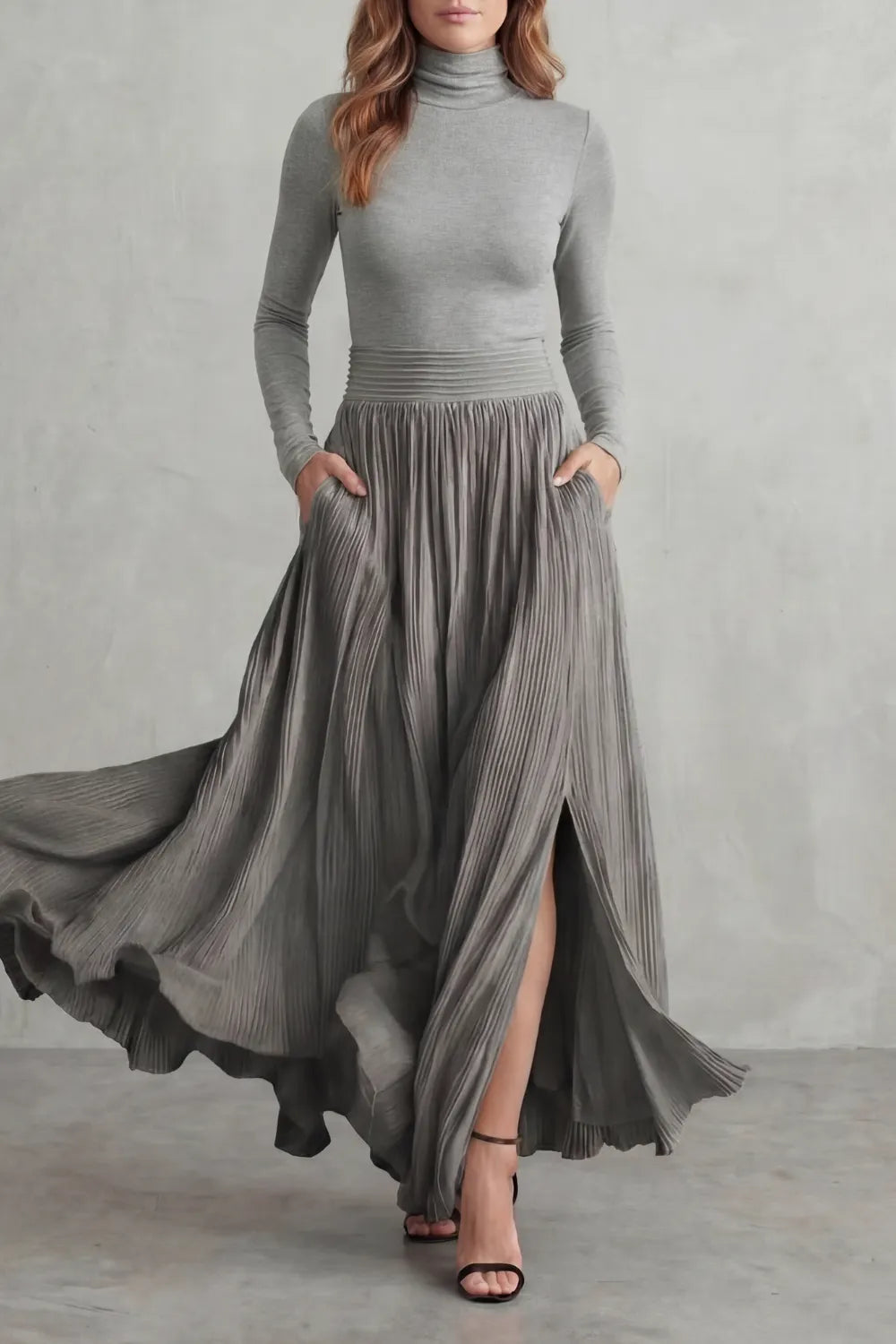 Pleated flow silhouette – Two-piece turtleneck set