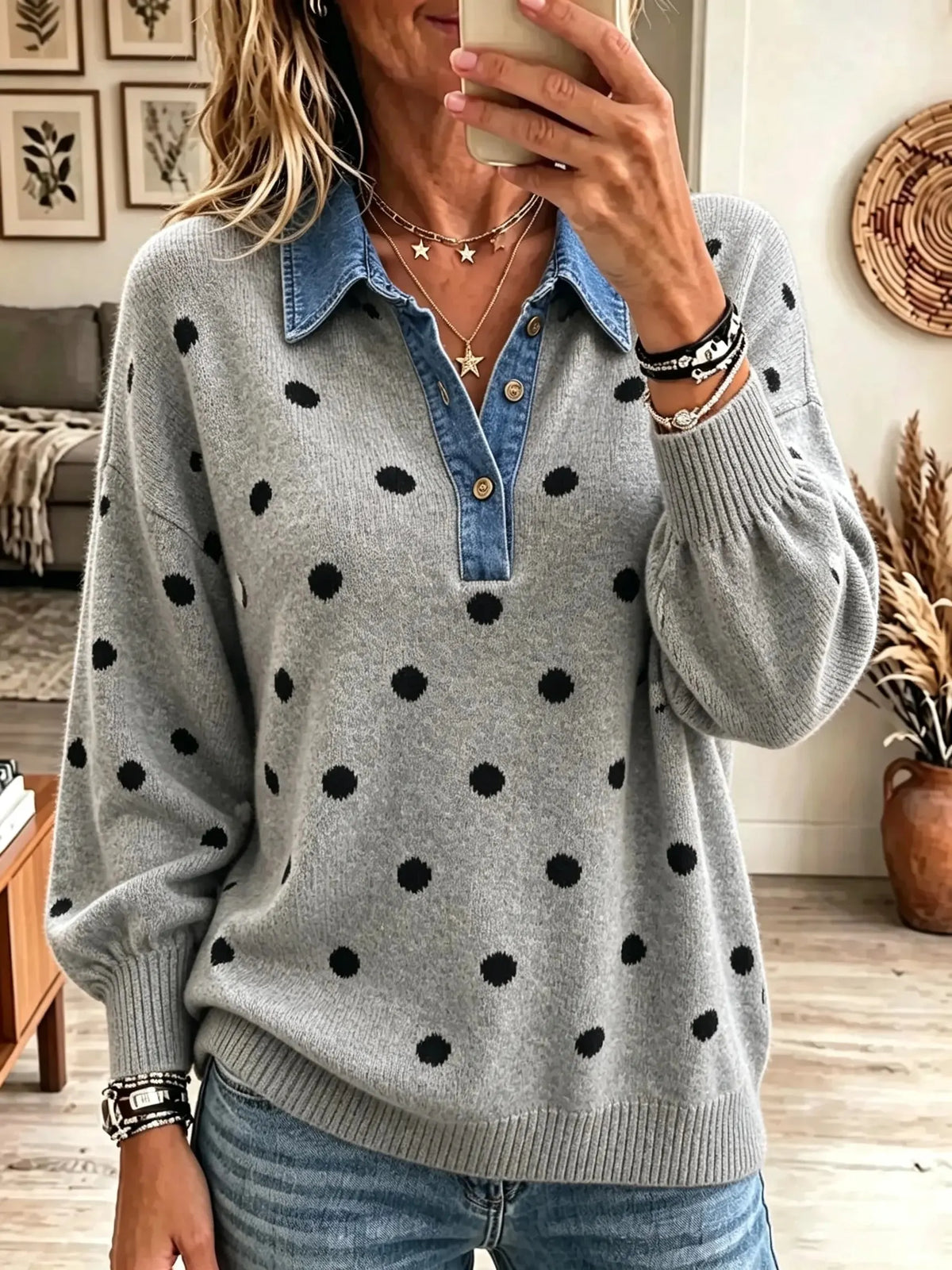 Women's Polka Dot Denim Collar Knit Sweater