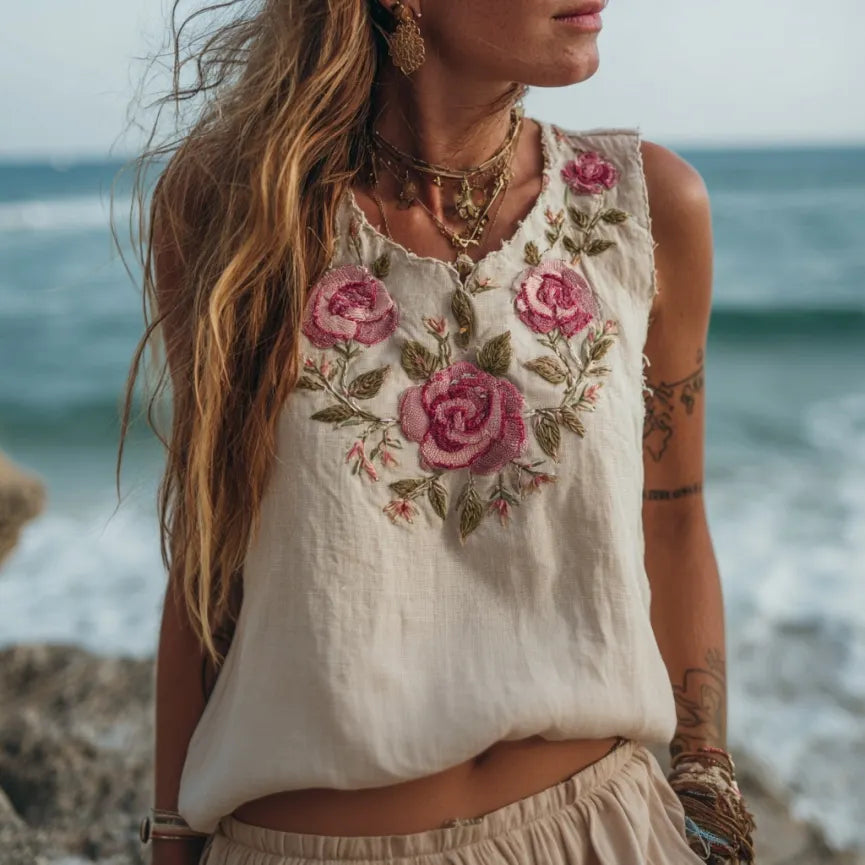 Women's Vintage Floral Embroidery Art Linen Comfy Sleeveless Top