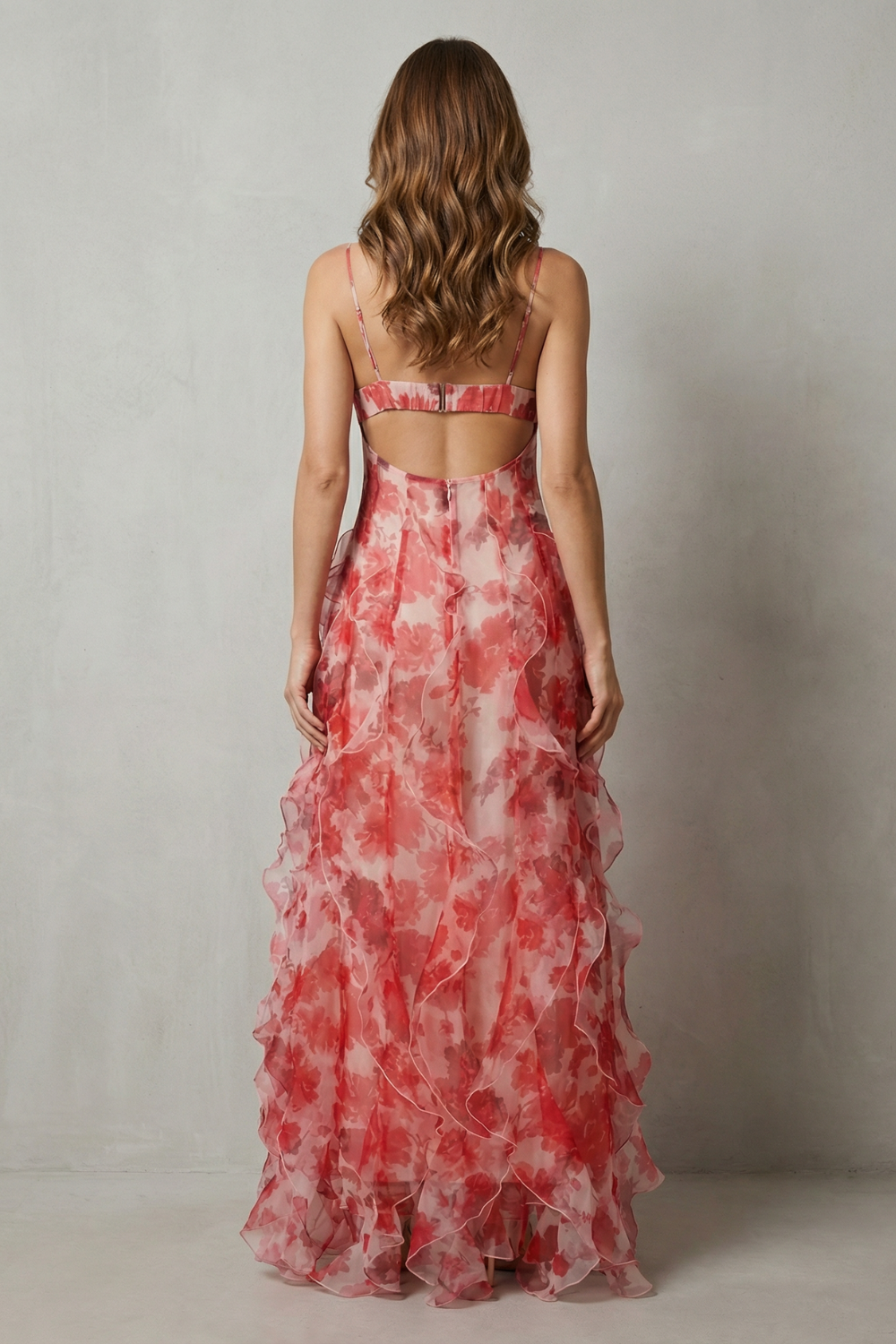 Watercolour bloom flow – Ruffled chiffon maxi dress