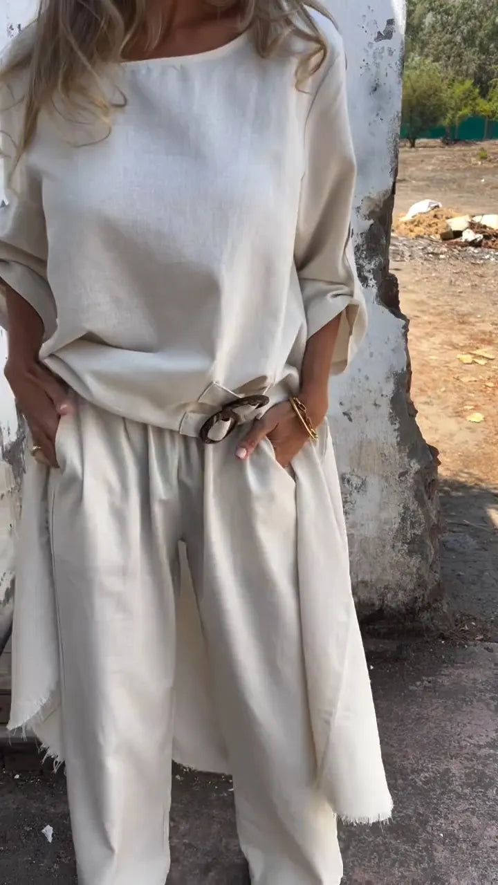 Women Round Neck Irregular Long Top+ Pants Loose Casual Suit
