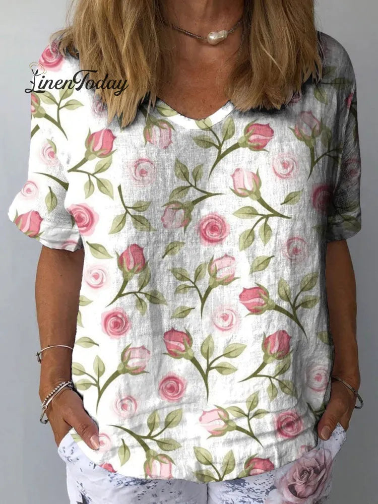Women's  Rose Print Casual Cotton And Linen Shirt