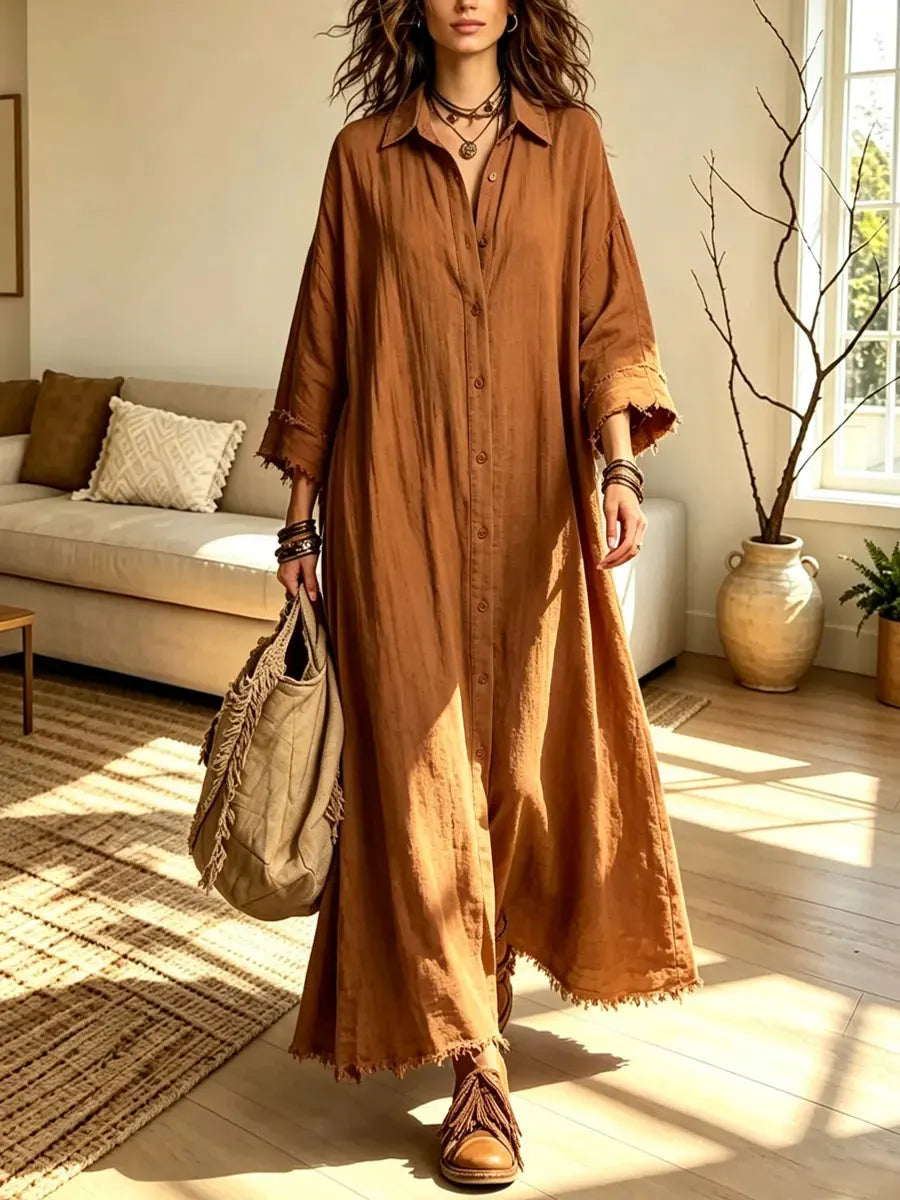 Retro Lapel Art Button Casual Stylish 3/4 Sleeve Cotton Linen Maxi Dress