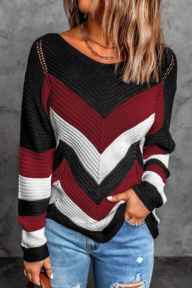 Chevron Pattern Hollow Out Asymmetrical Hem Sweater
