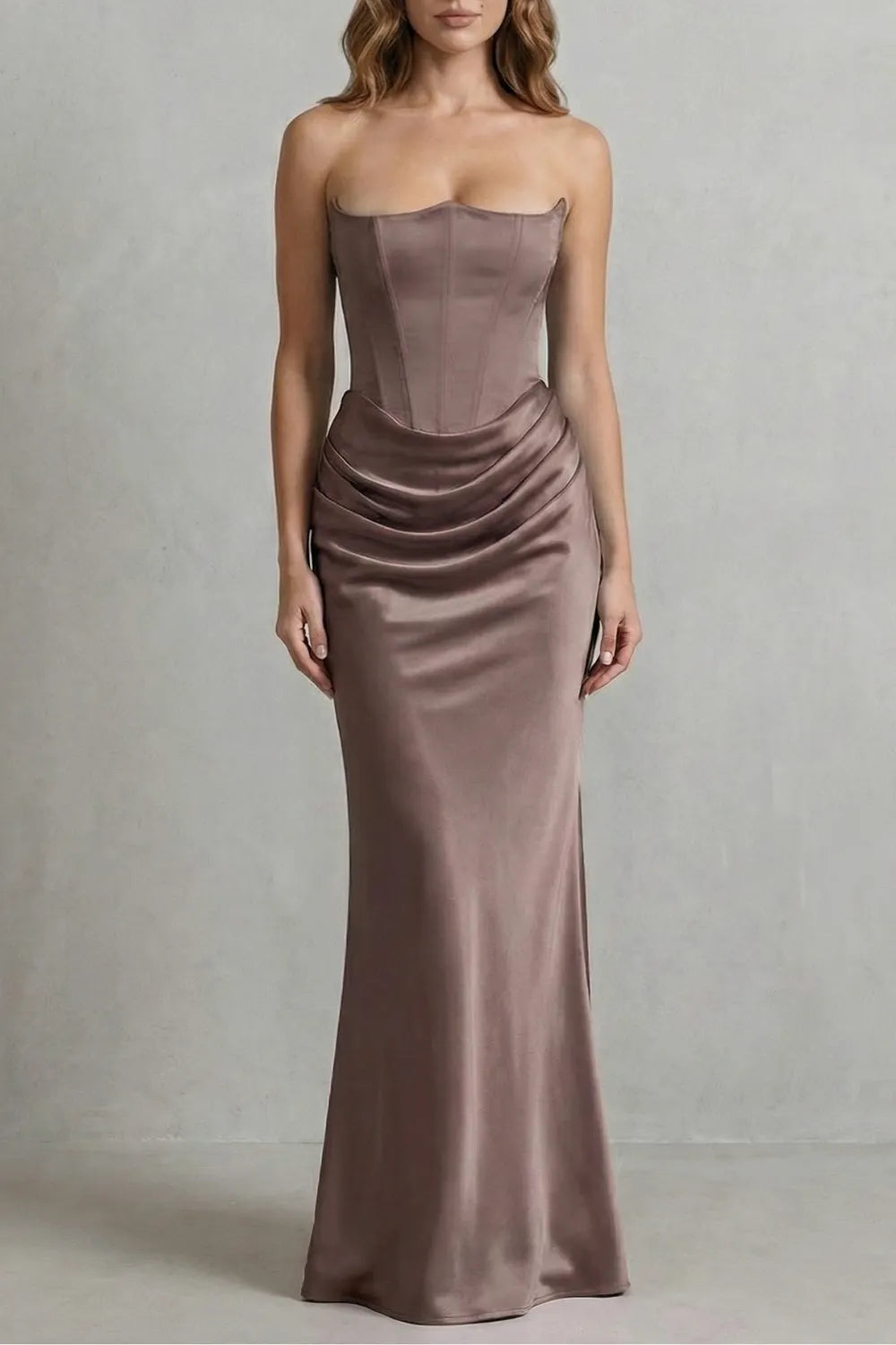 Sculpted satin drape – Strapless corset maxi dress