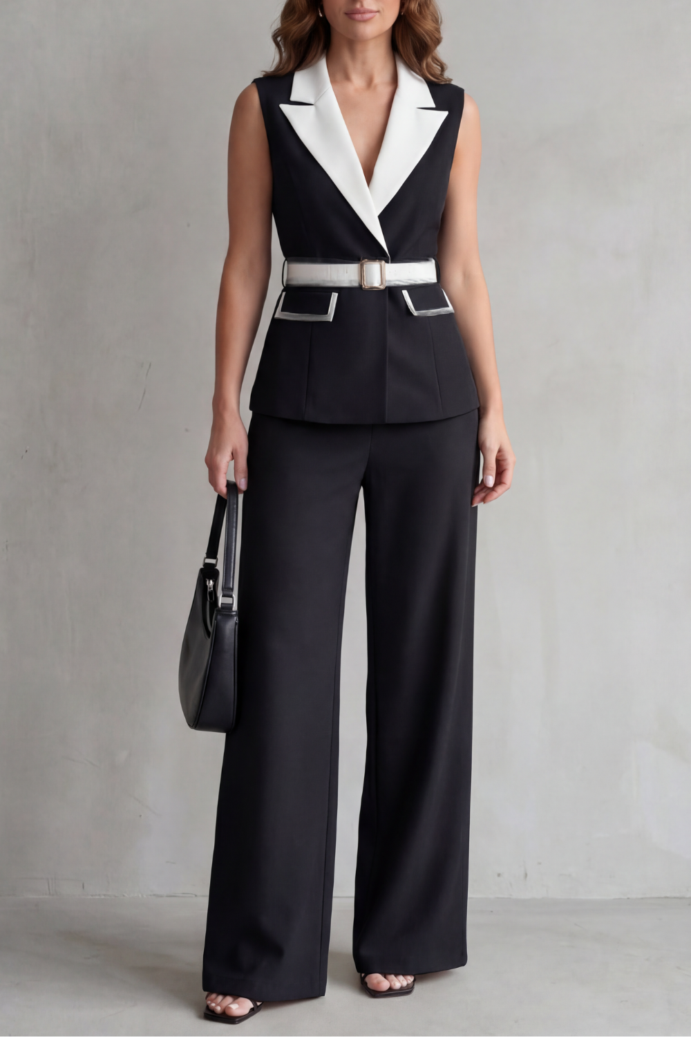 Two-tone lapel – Sleeveless trouser suit