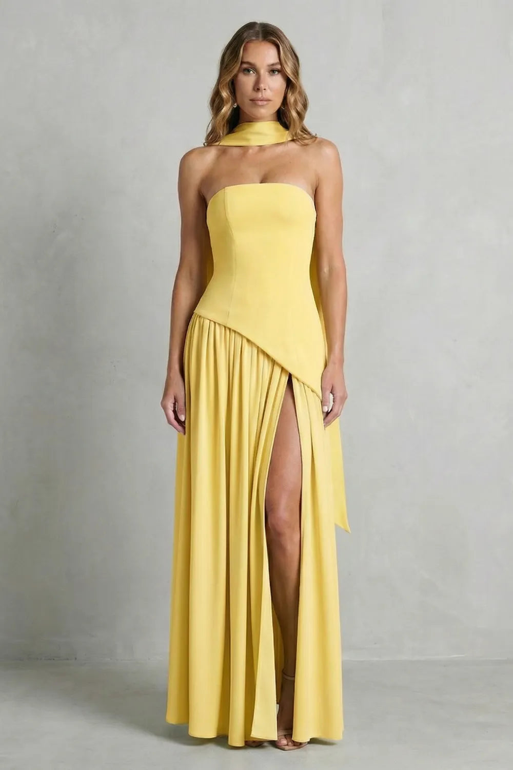 Asymmetric drape accent – Strapless formal gown