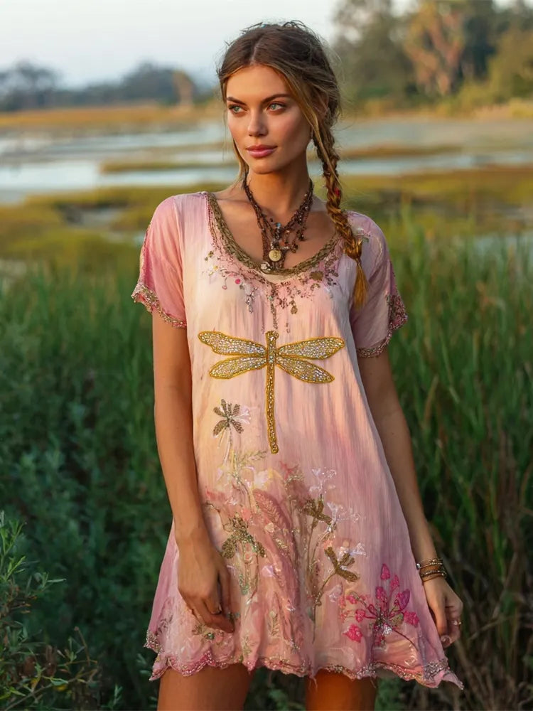 Boho Dragonfly & Dandelion Embroidered Women's Mini Dress