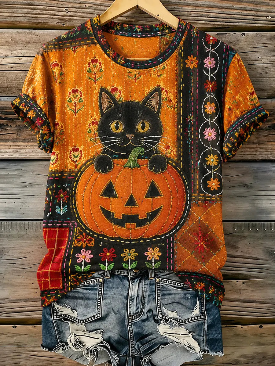 Women's Halloween Cat Pumking Print Casual T-Shirt