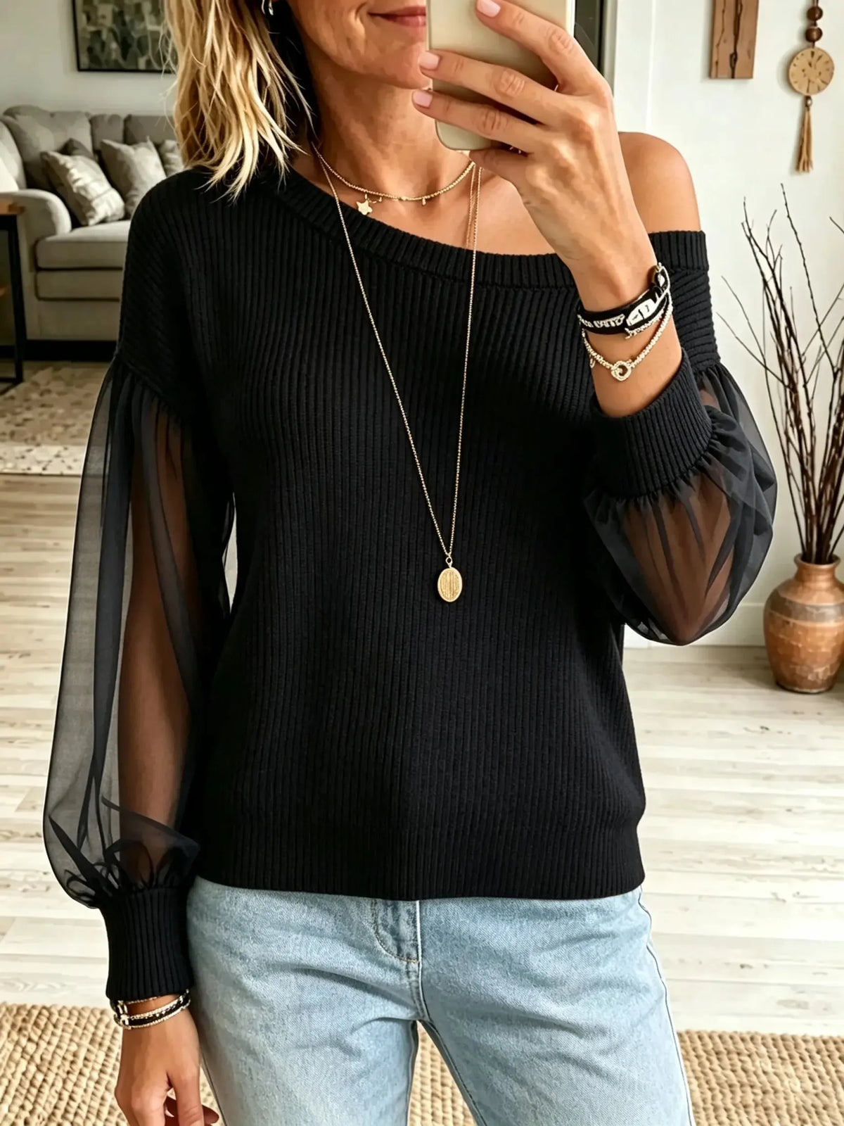 Women's Off-the-Shoulder Sheer Sleeve Knit Top