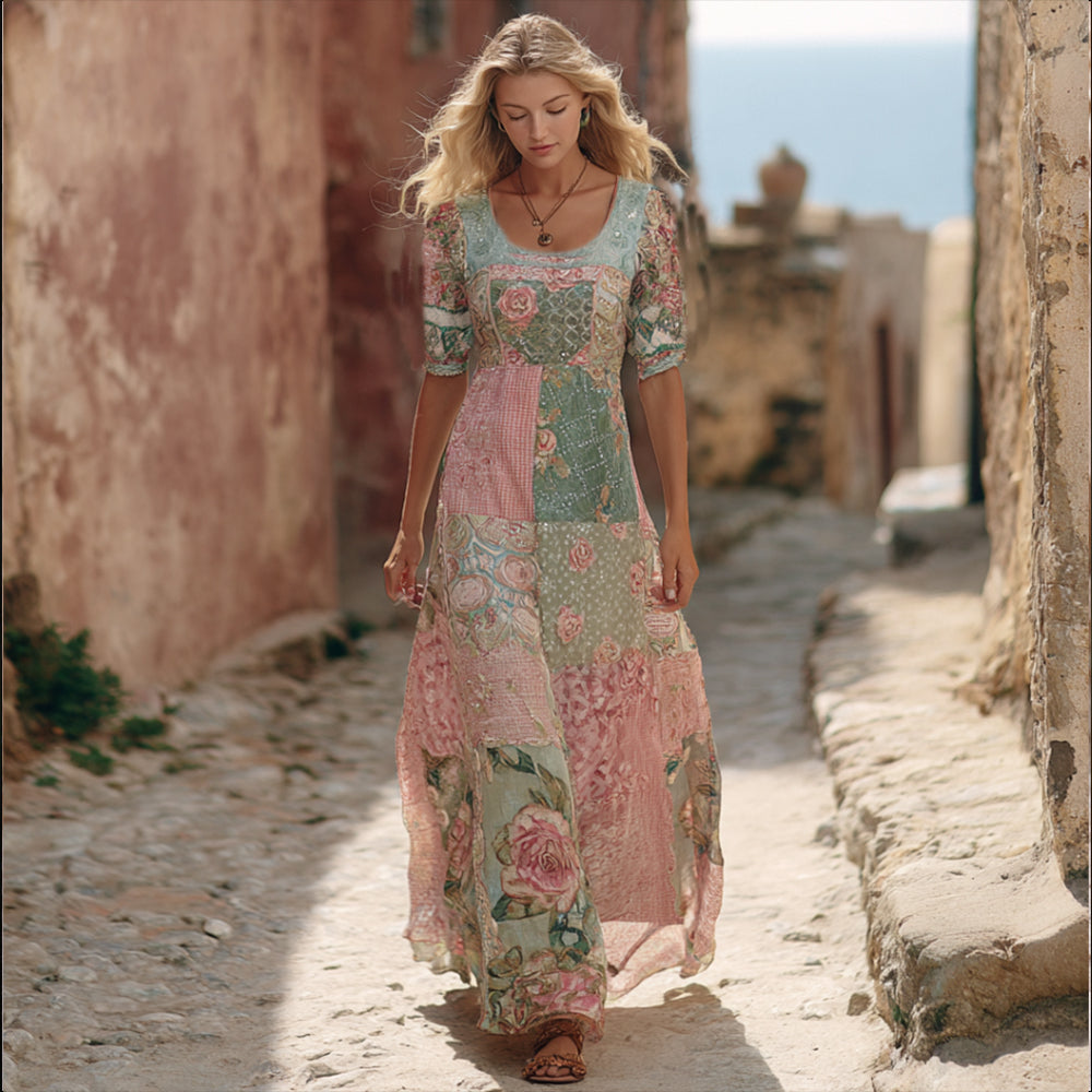 Vintage Rose And Sequin Art Embroidery Color-block Splicing Comfortable Cotton Linen Round Neck Short Sleeve Dress