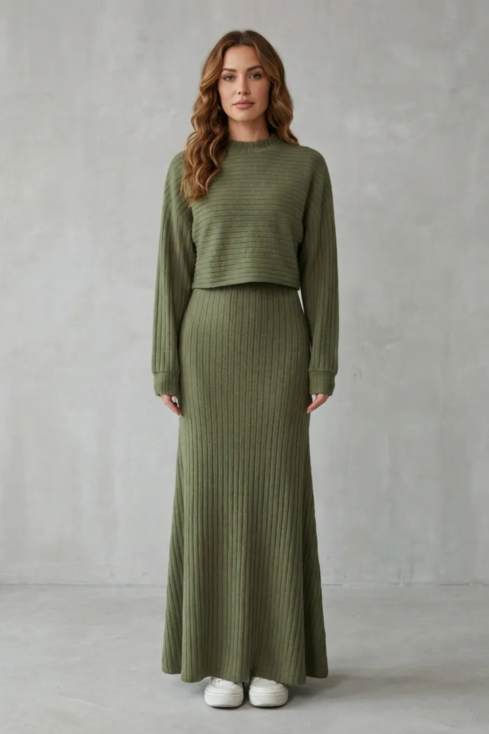 2-in-1 Ribbed Knit Set – Maxi Dress & Cropped Pullover
