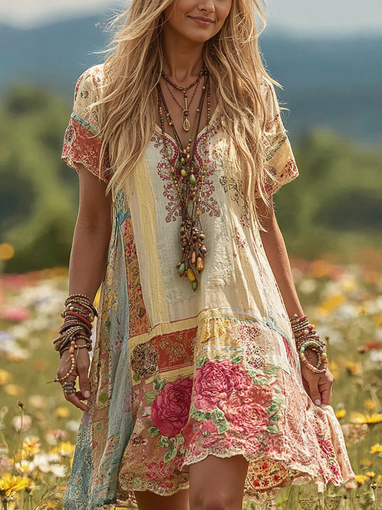 Women's Vintage Roses Embroidered Patch Art Linen Short Dress