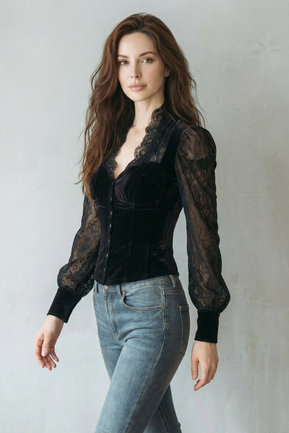 Lace spliced elegance – Velvet fitted blouse