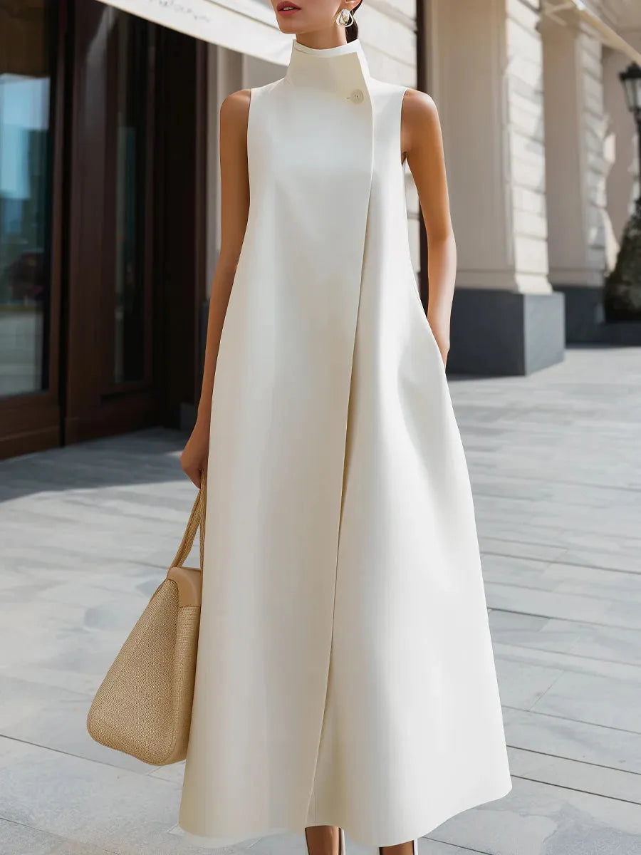 Women's Solid Color Stand Collar Sleeveless Casual Loose Cotton Linen Dress