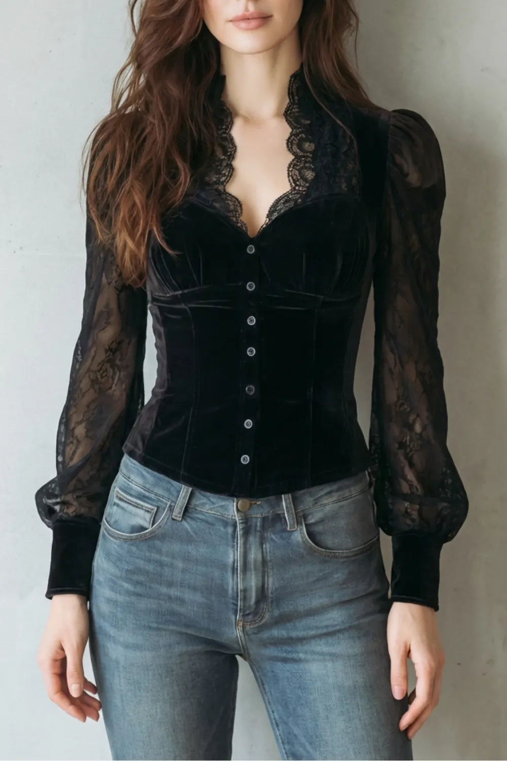Lace spliced elegance – Velvet fitted blouse