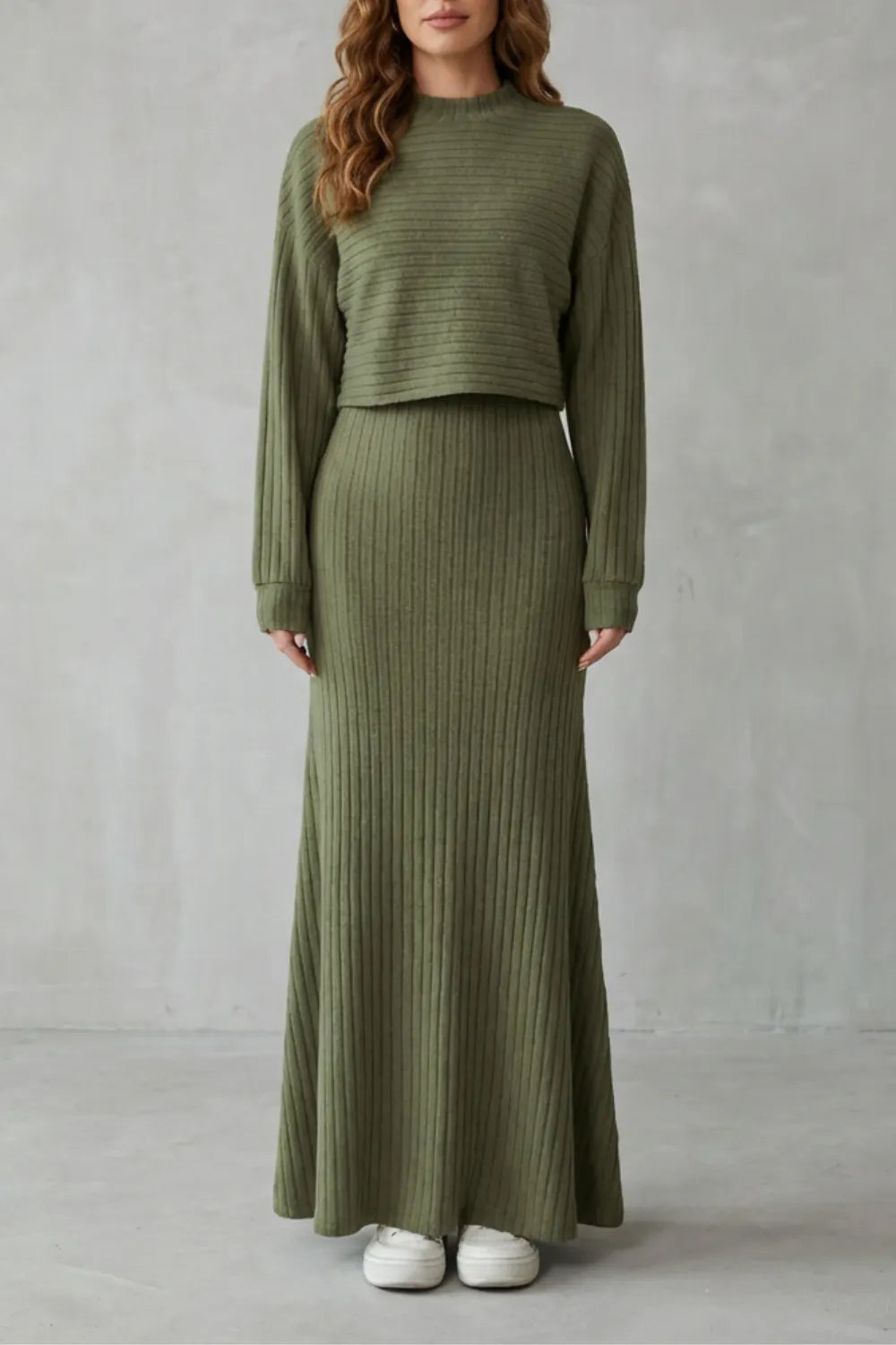 2-in-1 Ribbed Knit Set – Maxi Dress & Cropped Pullover