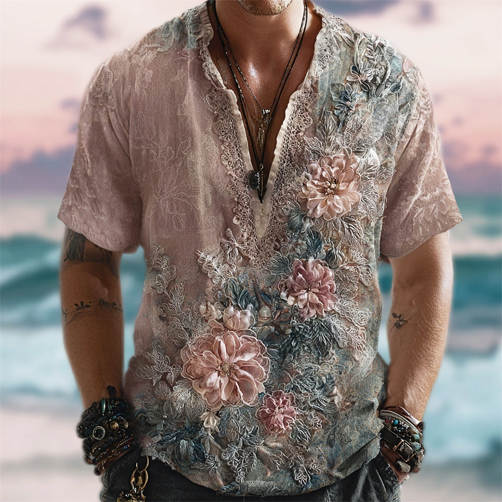 Vintage Gauze Cubic Floral Boho Style Men's Linen Short Sleeve Shirt