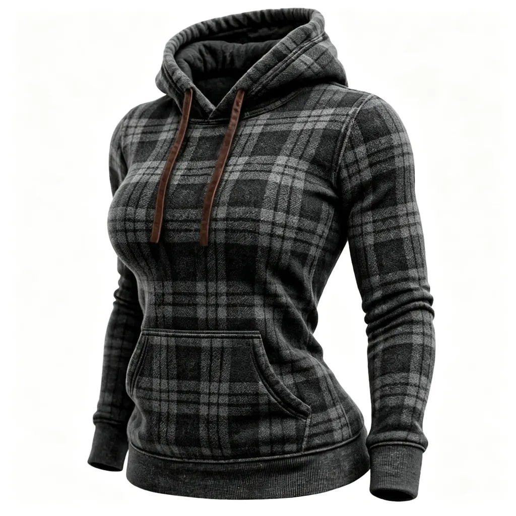 Women's Vintage Western Cowgirl Plaid Print Pocket Hoodie