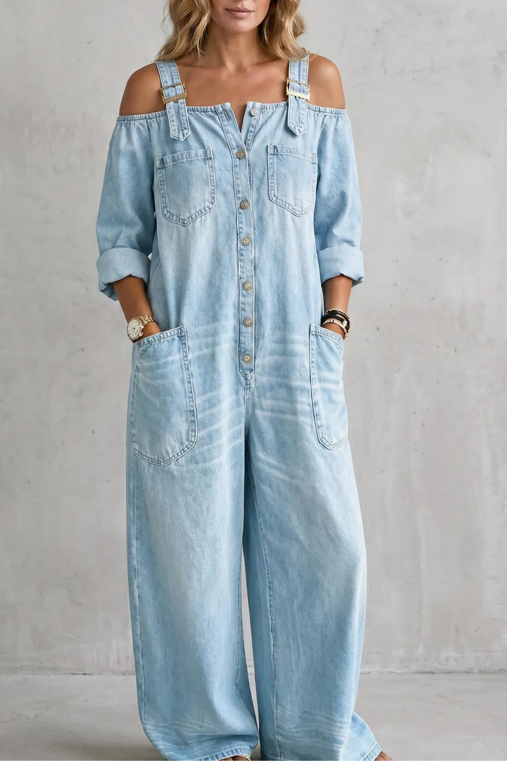 Off-shoulder utility charm – Wide-leg overalls