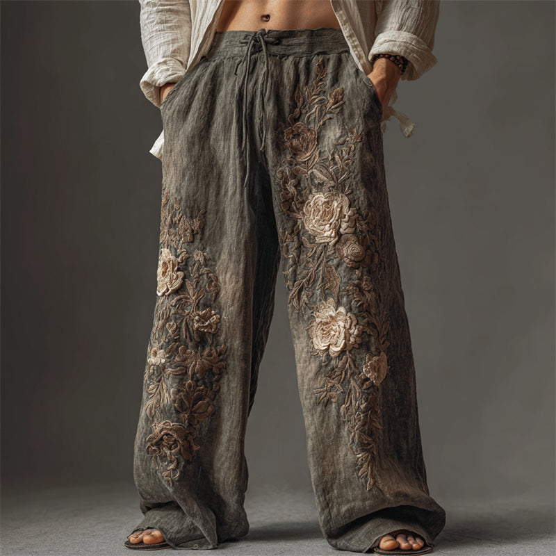 Men's Vintage Flowers Dusty Dyed Wide Leg Linen Pants