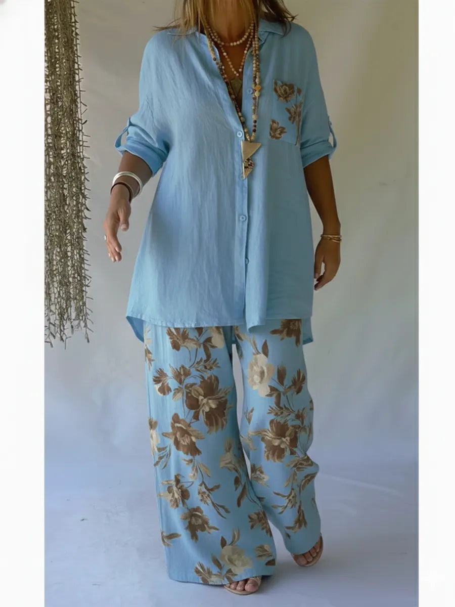 Casual Floral Print Linen And Cotton Shirt And Trousers Two-piece Set