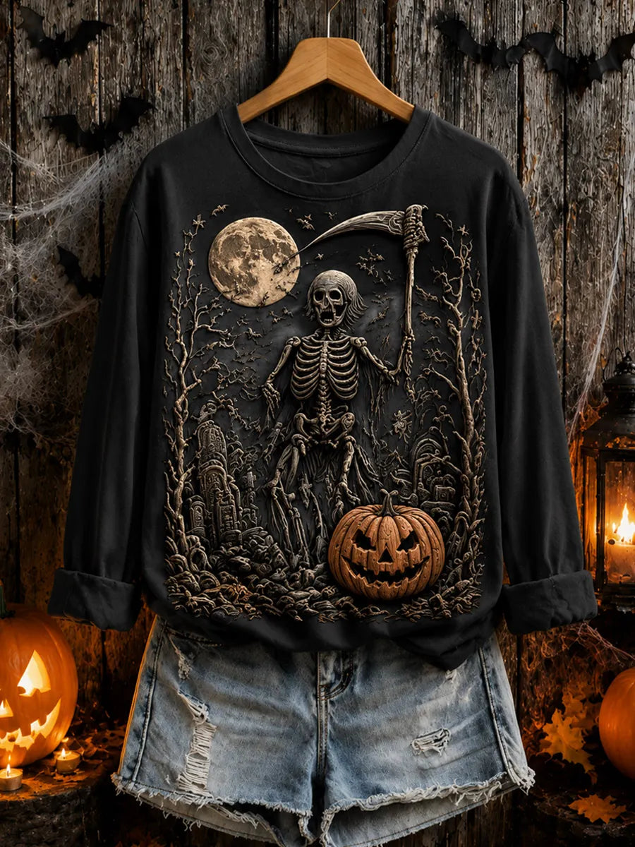 Halloween Retro Art Print Casual Long-Sleeve Top