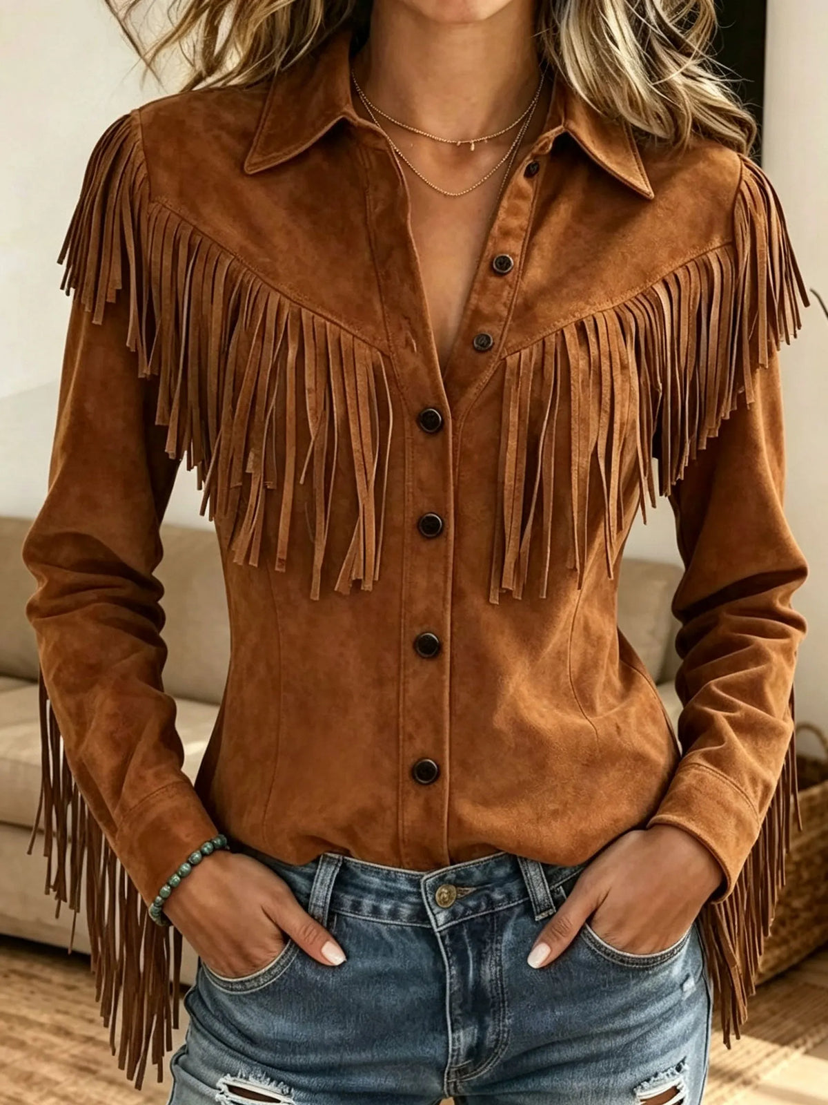 Western Fringe Trim Faux Suede Shirt Jacket, Women Collar Button‐Up Long Sleeve Shacket