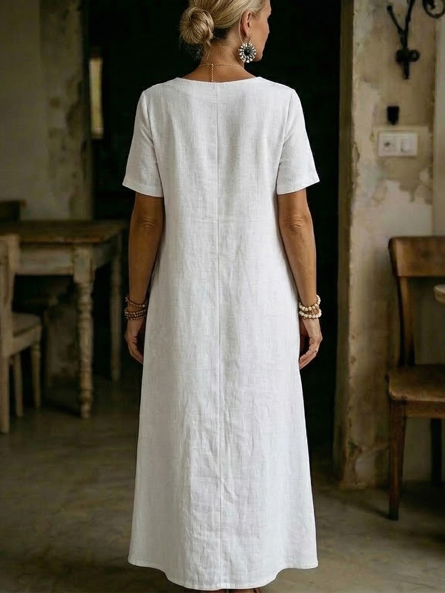 Women's Cotton-linen Button Embellishment Dress